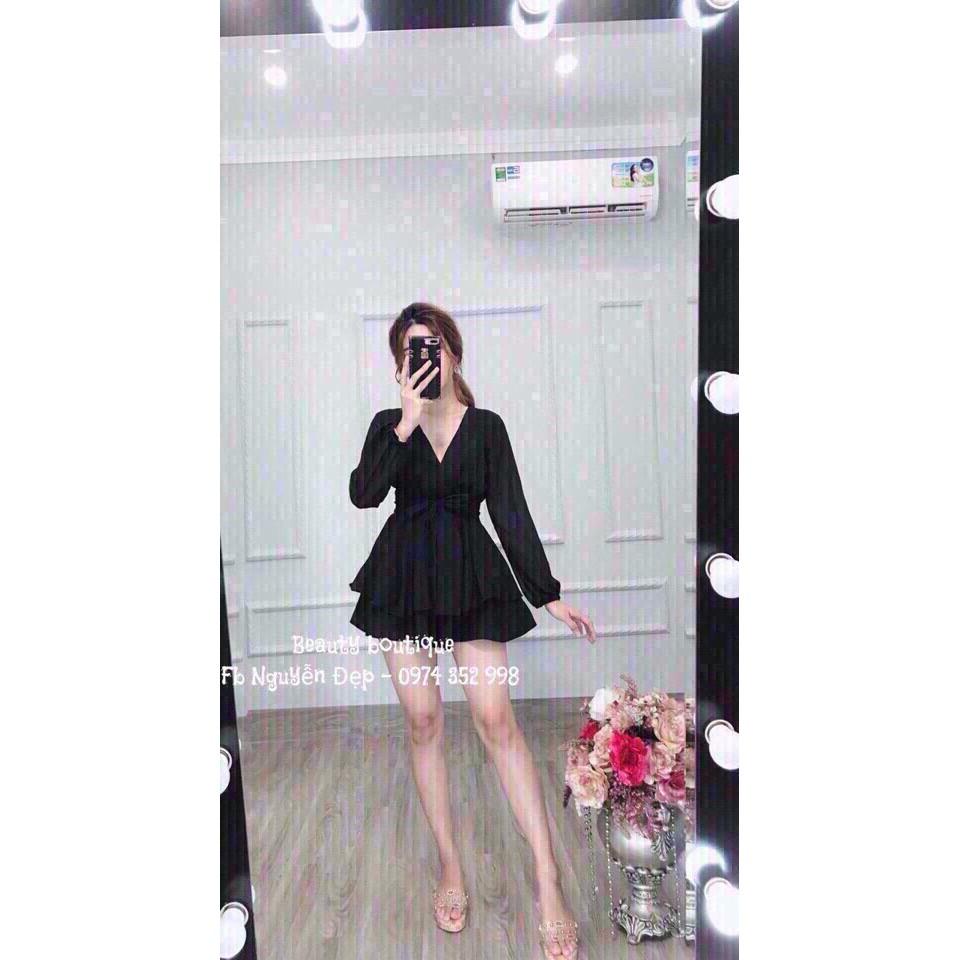 Đầm xòe tay dài, cổ đắp chéo cột nơ eo phong cách tiểu thư sang chảnh
