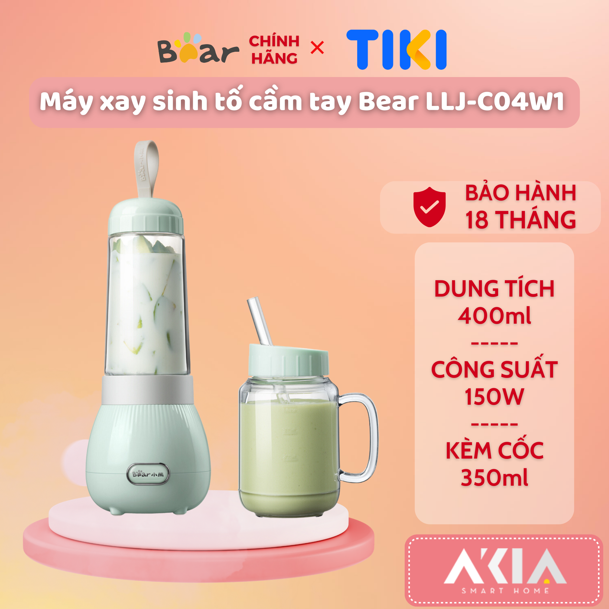 Máy xay sinh tố cầm tay mini Bear LLJ-C04W1, Dung tích 400ml, Kèm cốc có quai cầm 350ml - HÀNG CHÍNH HÃNG