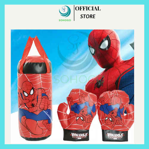 Túi Đấm Bốc Boxing Cho Trẻ Em Hình Người Nhện Đỏ Size Trung 37*18*18 cm, Kèm 2 Găng Tay Cho Bé, Bộ dụng cụ tập Boxing kèm 2 găng tay cho bé- Bộ đấm bốc trẻ em kèm găng tay