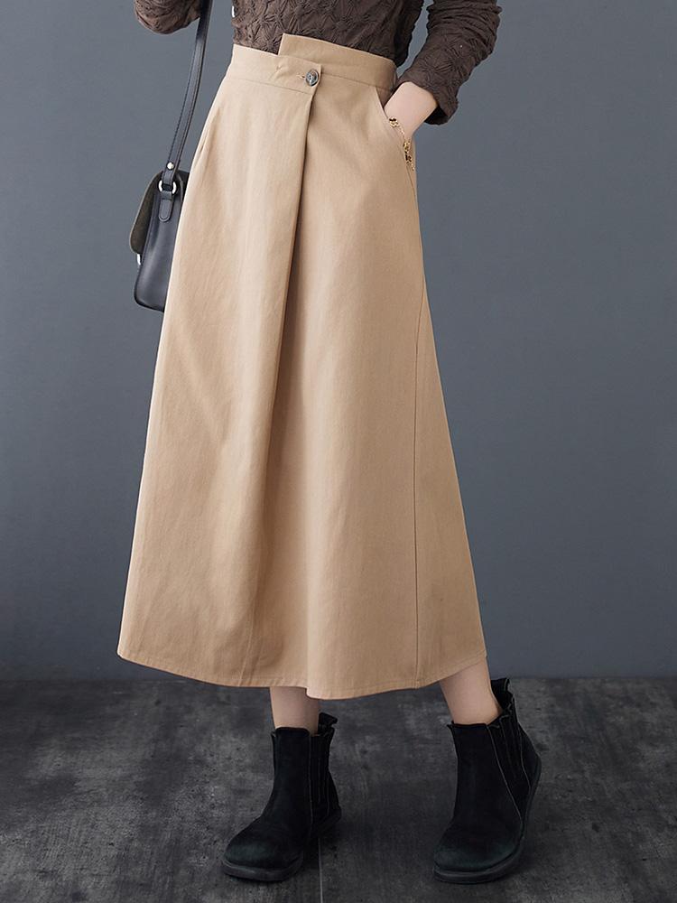 Women Vintage Skirt Irregular High Elastic Waist Pockets Plus Size Casual Loose A Line Skirt