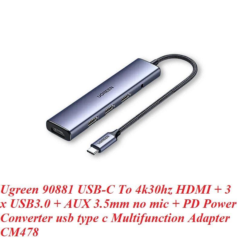 Ugreen UG90881CM478TK USB type C sang 1 x HDMI 4K30Hz + 3 x USB 3.0 +1 x 3.5mm không hỗ trợ MIC + 1 x USB-C PD 100W Bộ chuyển 5in1 - HÀNG CHÍNH HÃNG