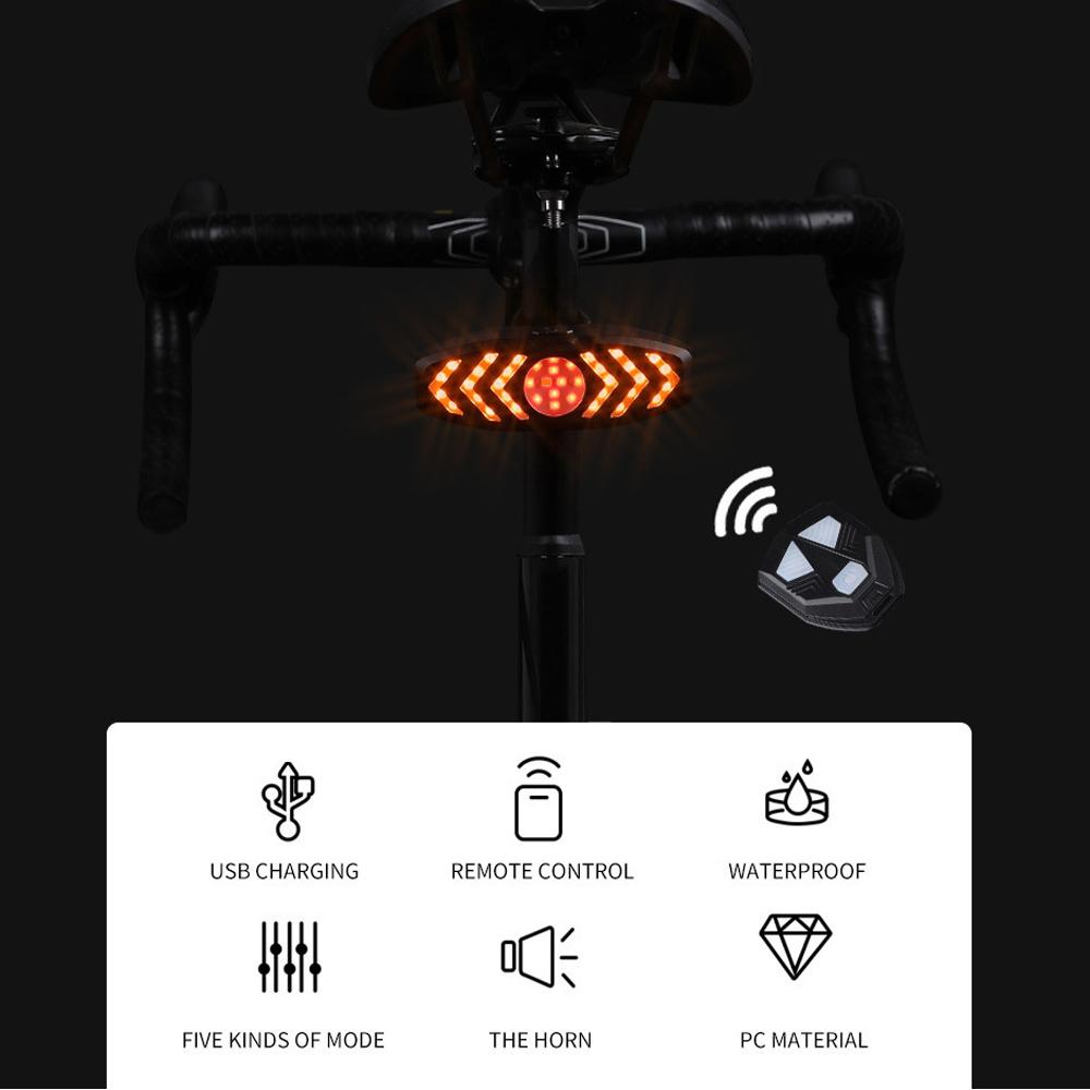 Đèn hậu LED không dây báo tín hiệu rẽ cho xe đạp cảnh báo an toàn với 5 chế độ ánh sáng có bộ điều khiển từ xa và còi Decibel cao
