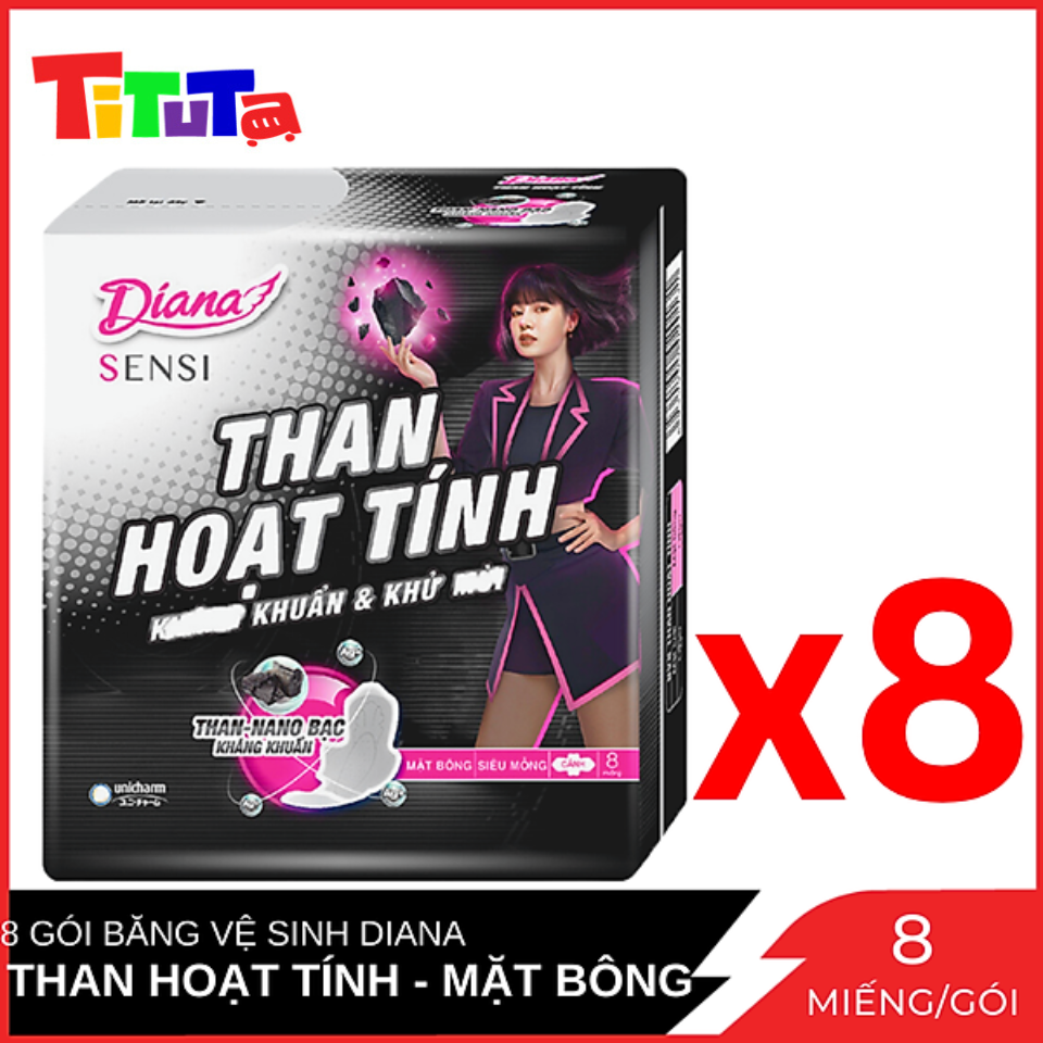 Combo 8 Gói Băng Vệ Sinh Diana Than Hoạt Tính mặt bông siêu thấm siêu mỏng cánh Gói 8 miếng x8