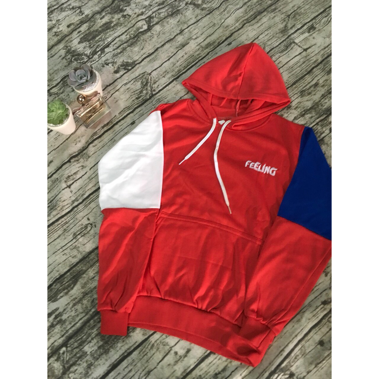 Áo hoodie unisex nam/nữ phối tay chất nỉ bông mỏng in chữ FEELING. Có ảnh thật trải sàn