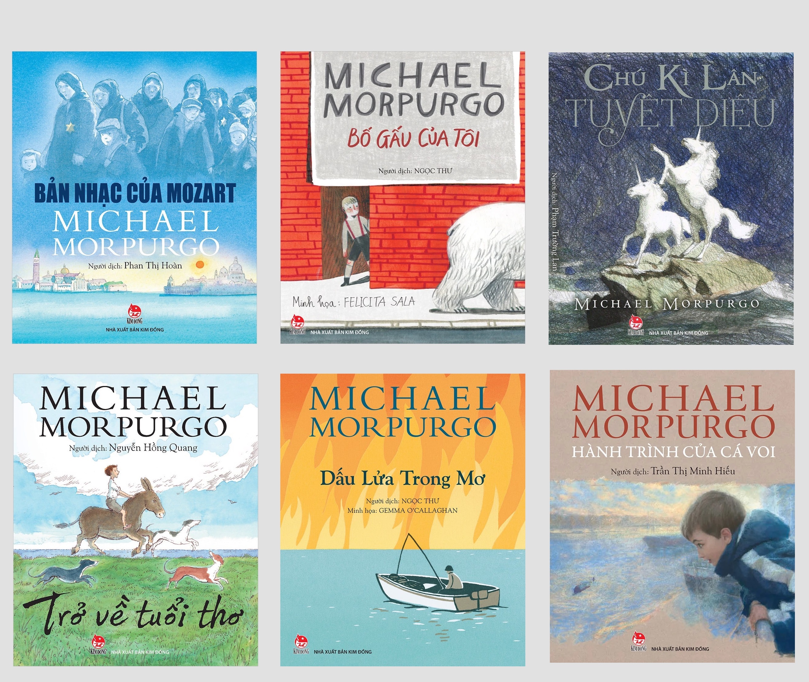 Sách - Michael Morpurgo: Trở về tuổi thơ - Bản nhạc của Mozart – Bố Gấu của tôi – Hành trình của Cá voi – Chú kì lân tuyệt diệu – Dấu lửa trong mơ