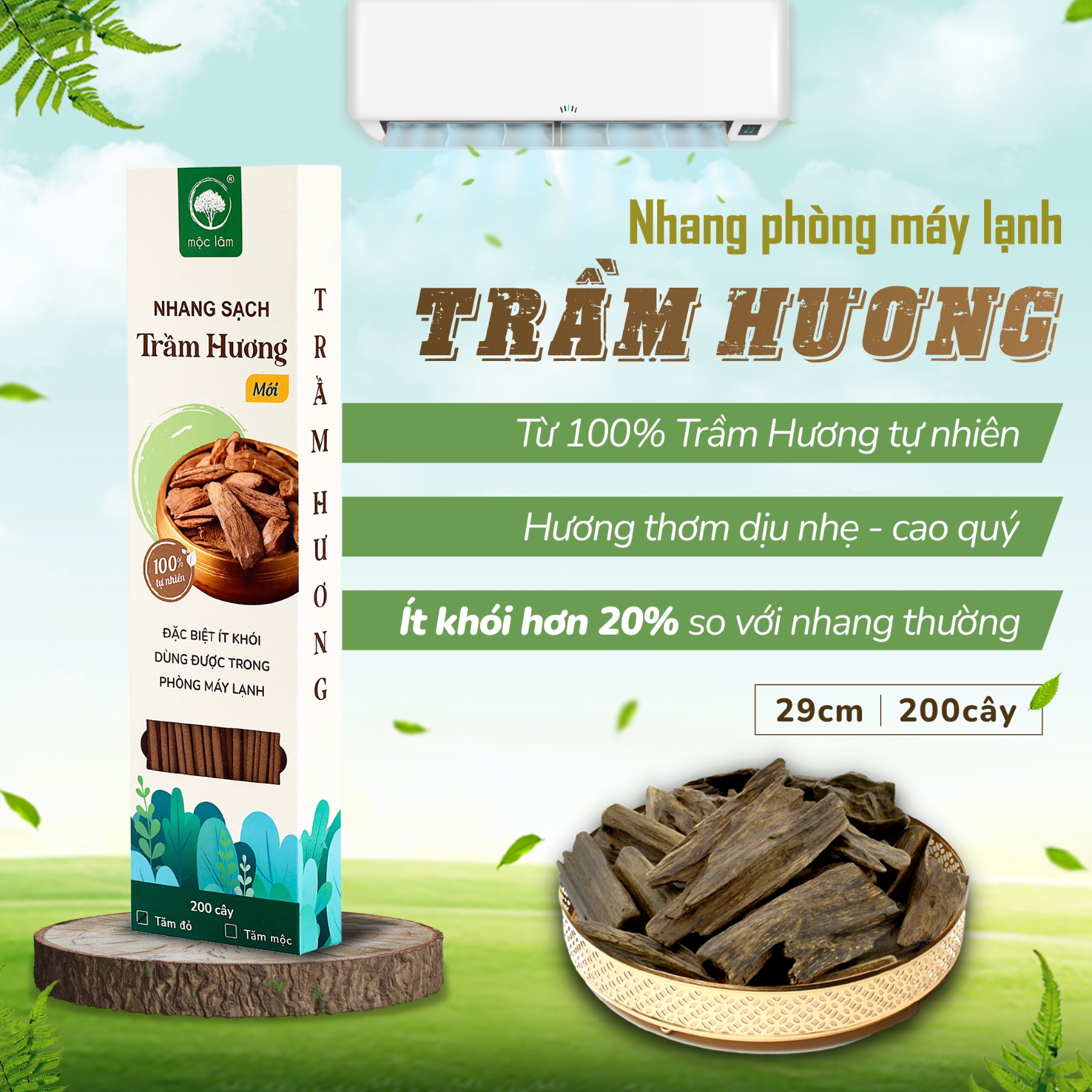 Nhang Trầm Hương MỘC LÂM - 29cm- Nhang sạch ít khói - Hương thơm dịu nhẹ - Dùng trong phòng máy lạnh