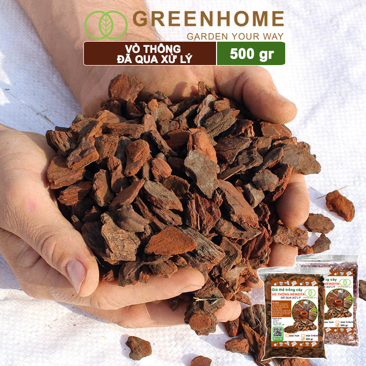 Vỏ thông newzita, Greenhome, bao 500gr, nhiều size, đã qua xử lý, trồng lan, kiểng lá, rãi bề mặt chậu cây