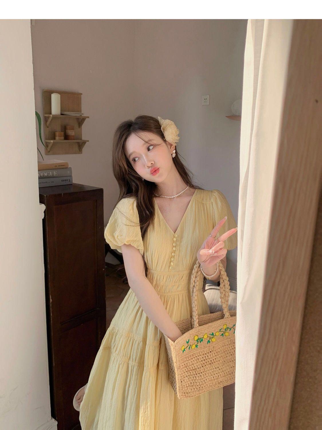 TOBE1SHOP DbyDoi Pháp Vintage dịu dàng gió hiển thị gầy v-cổ tiên nghỉ mát gió váy đầm đầm dài cho trẻ em mùa hè