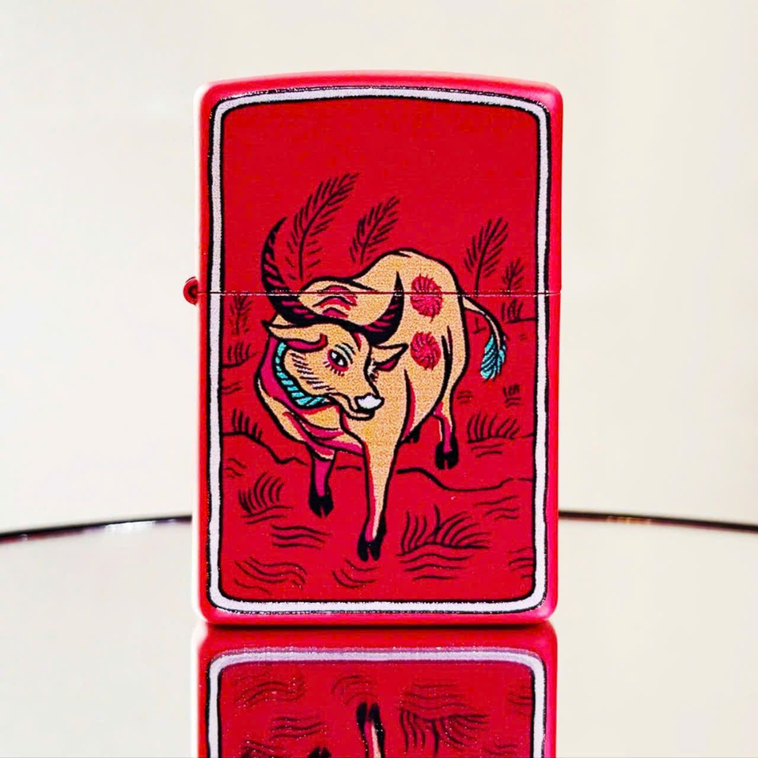 Bật lửa Zippo Year of the Ox - Phiên Bản 12 Con Giáp (Tuổi Sửu) Thiết Kế Việt Nam, Sơn Tĩnh Điện Đỏ May Mắn Chính Hãng