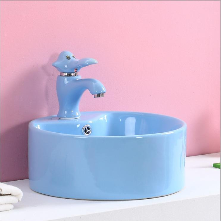 Bộ chậu rửa tay trẻ em hình tròn, kèm vòi lavabo hình con voi, màu xanh dương