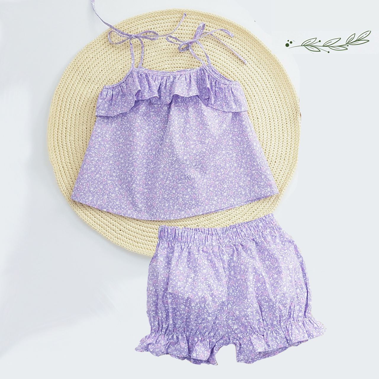 Set bộ đồ cho bé gái 2 dây tím hoa nhí hot trend set trang phục bé gái thô mịn·từ 1-8T + Tặng kẹp tóc cực xinh
