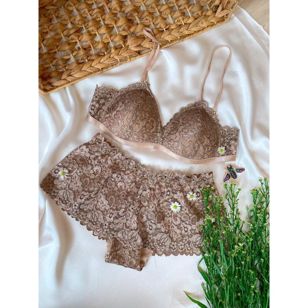 Set Nội y thiết kế - Bralette hoa nâu không gọng, mút mỏng quyến rũ