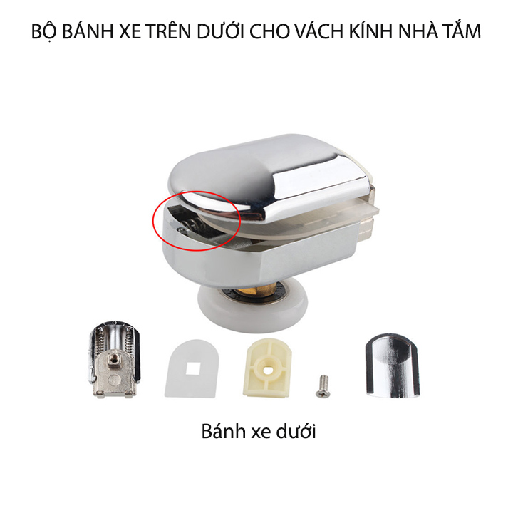 Bộ bánh xe trên dưới cho cửa kính trượt phòng tắm, đường kính bánh 25mm, bằng nhựa ABS