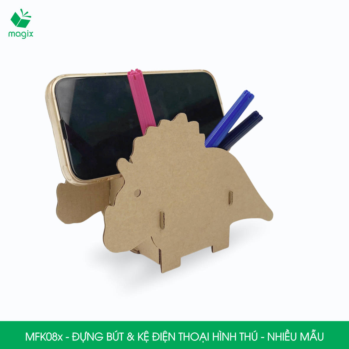 MFK08.CB01 - Combo 4 hộp đựng bút & kệ điện thoại lắp ghép giấy carton hình thú - con voi, nhím, khủng long, cá voi