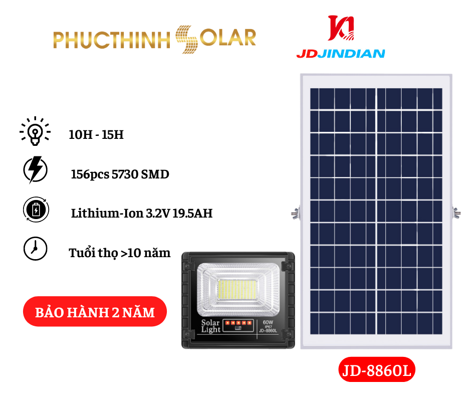 Đèn Pha Năng Lượng Mặt Trời 60W Jindian JD-8860L Hàng Chính Hãng | Phúc Thịnh Solar