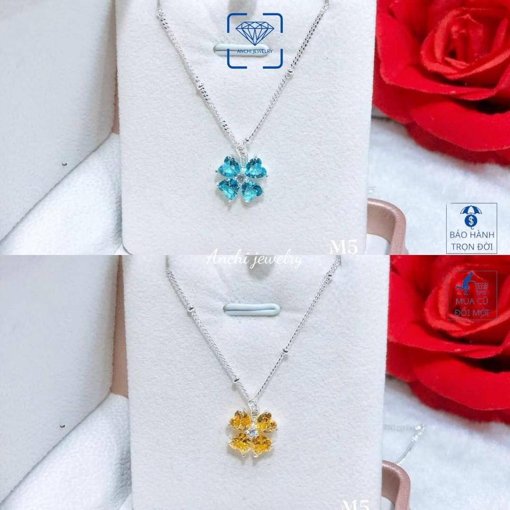 Dây chuyền cỏ 4 (bốn) lá nữ bạc thật đeo không đen đính đá to màu đỏ xanh tím - Anchi jewelry, quà 8 3