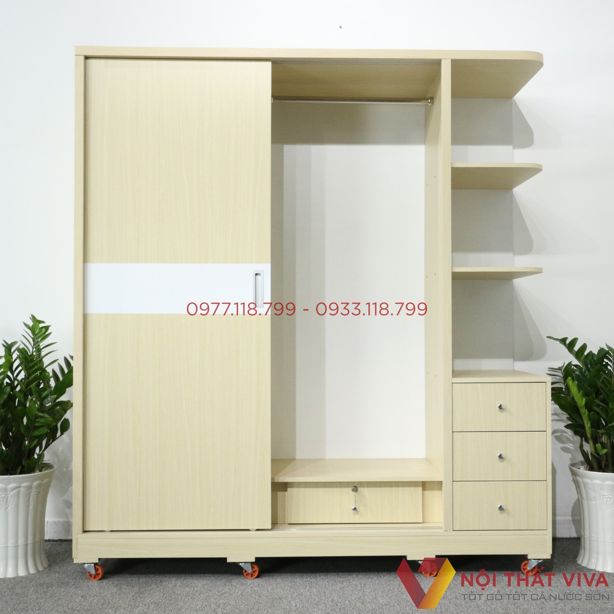 Tủ Áo Cửa Lùa Có Kệ Trang Trí Gỗ MDF Màu Vàng Chỉ Trắng