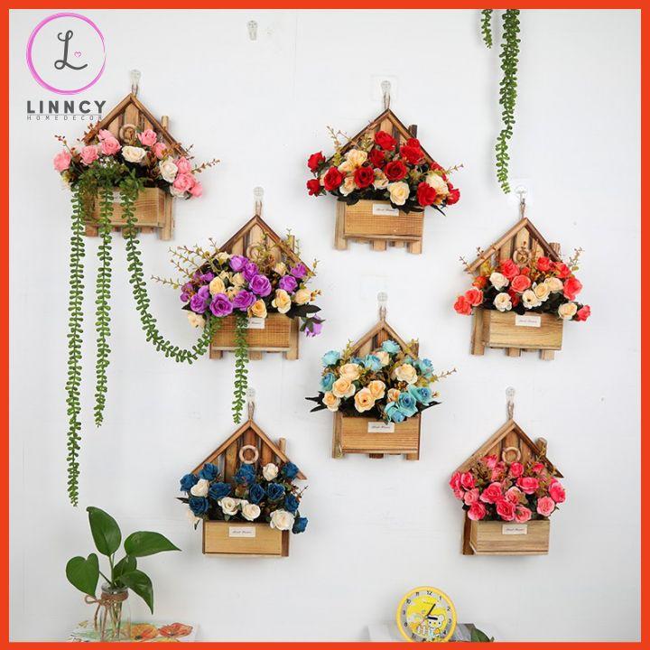 Giỏ hoa lụa treo tường hình ngôi nhà trang trí nhà cửa, cửa hàng, văn phòng, lớp học