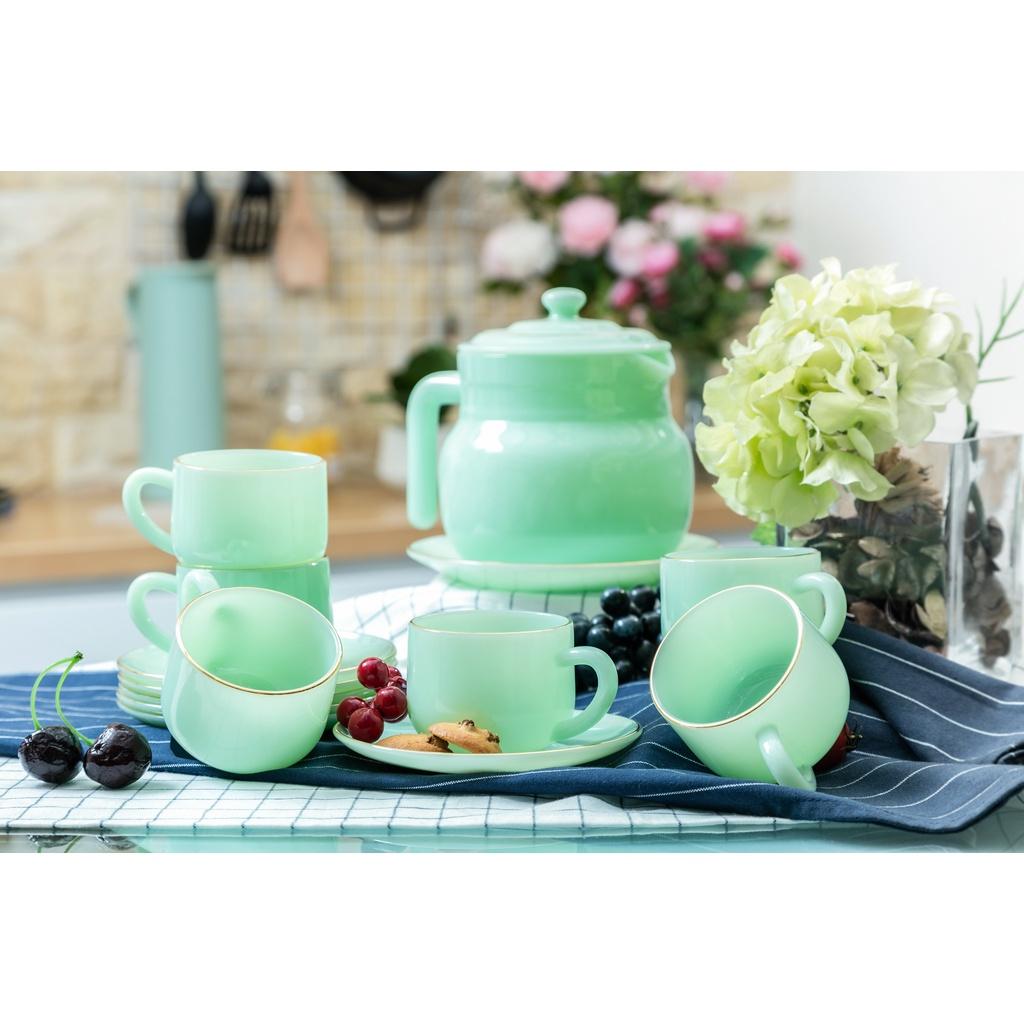 Bộ ấm tách cafe thủy tinh ngọc USA Homeset màu xanh ngọc lục bảo