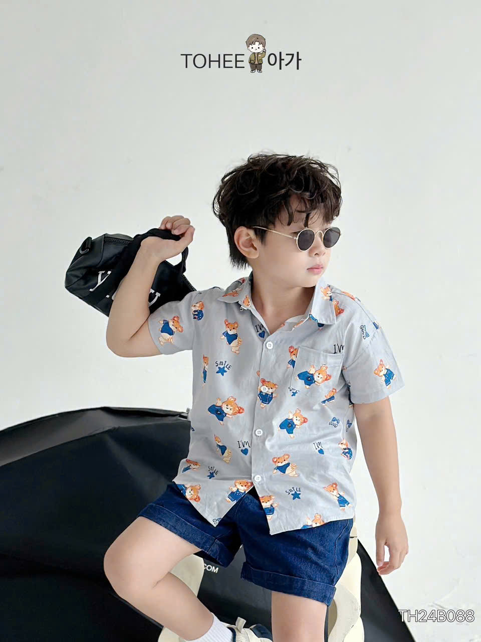 Set bộ cho bé trai áo sơ mi phối quần jeans họa tiết gấu từ 10-25kg chất vải mềm mát