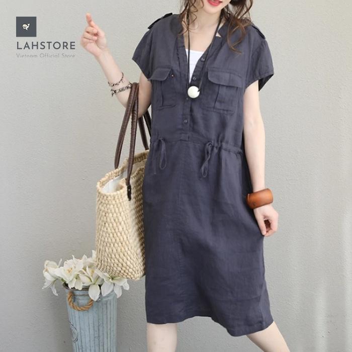 Đầm bầu linen cổ V túi hộp dây thắt eo LAHSTORE kiểu dáng Hàn Quốc