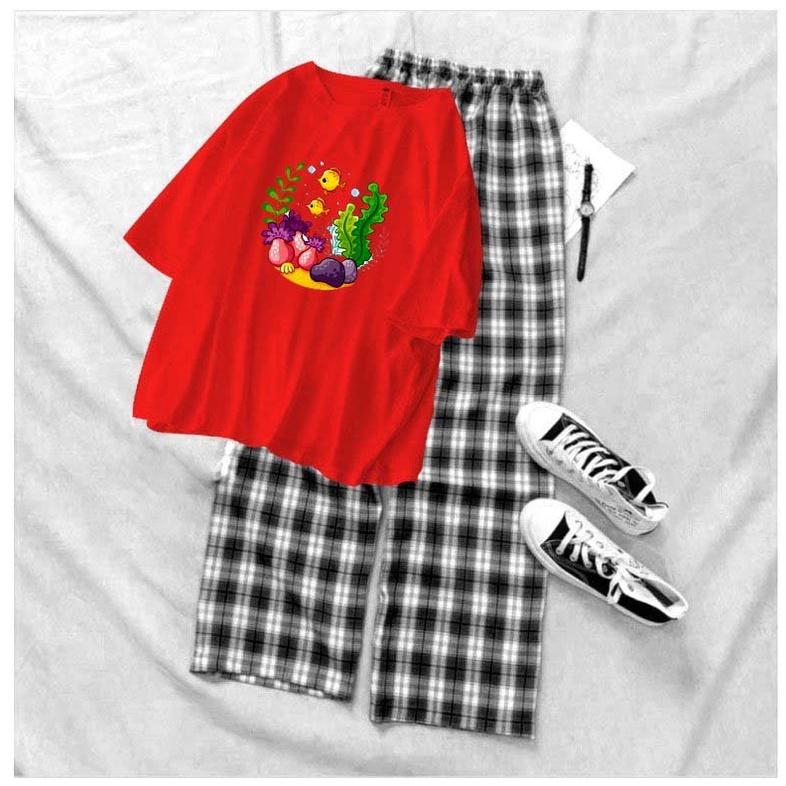 Sét bộ áo thun bể cá cảnh chất cotton kèm quần kẻ đen , sét bộ đi chơi , sét bộ đi học , sét bộ mặc nhà
