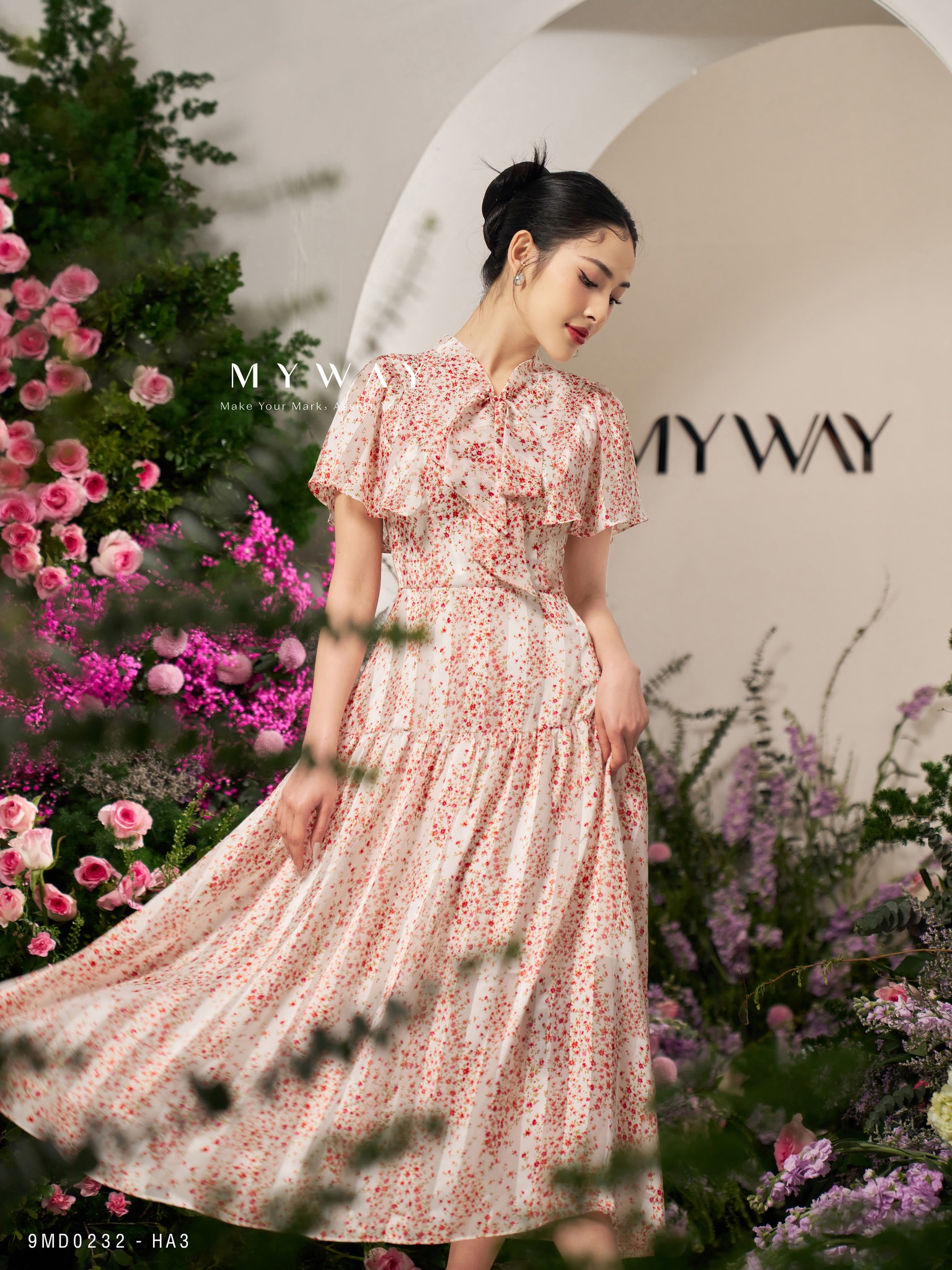 Đầm Maxi Nữ MY WAY Dáng Xòe Cổ Nơ Sang Trọng 9MD0232 HA3