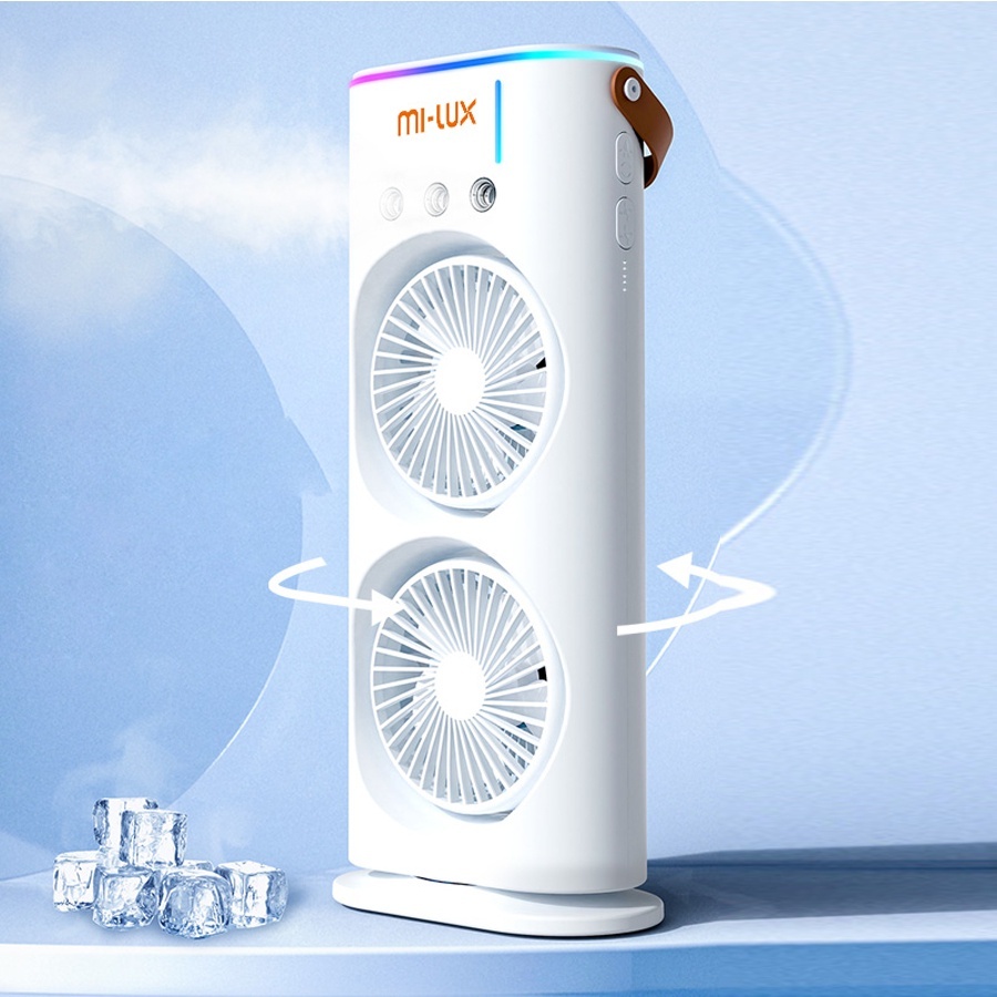 Quạt Hơi Nước Có Tích Điện, Quạt Phun Sương Mini 4 cánh, Quạt Để Bàn 2 Tầng Có Đèn Led, remote Tiện Lợi - Hàng Chính Hãng Double ended Spray Fan, Máy tạo ẩm