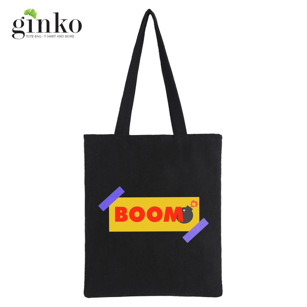 Túi Vải Tote Ginko kiểu basic có dây kéo khóa miệng túi đựng vừa laptop 14 inch và nhiều đồ dùng khác Phong Cách ulzzang Hàn Quốc In Hình Boom B49