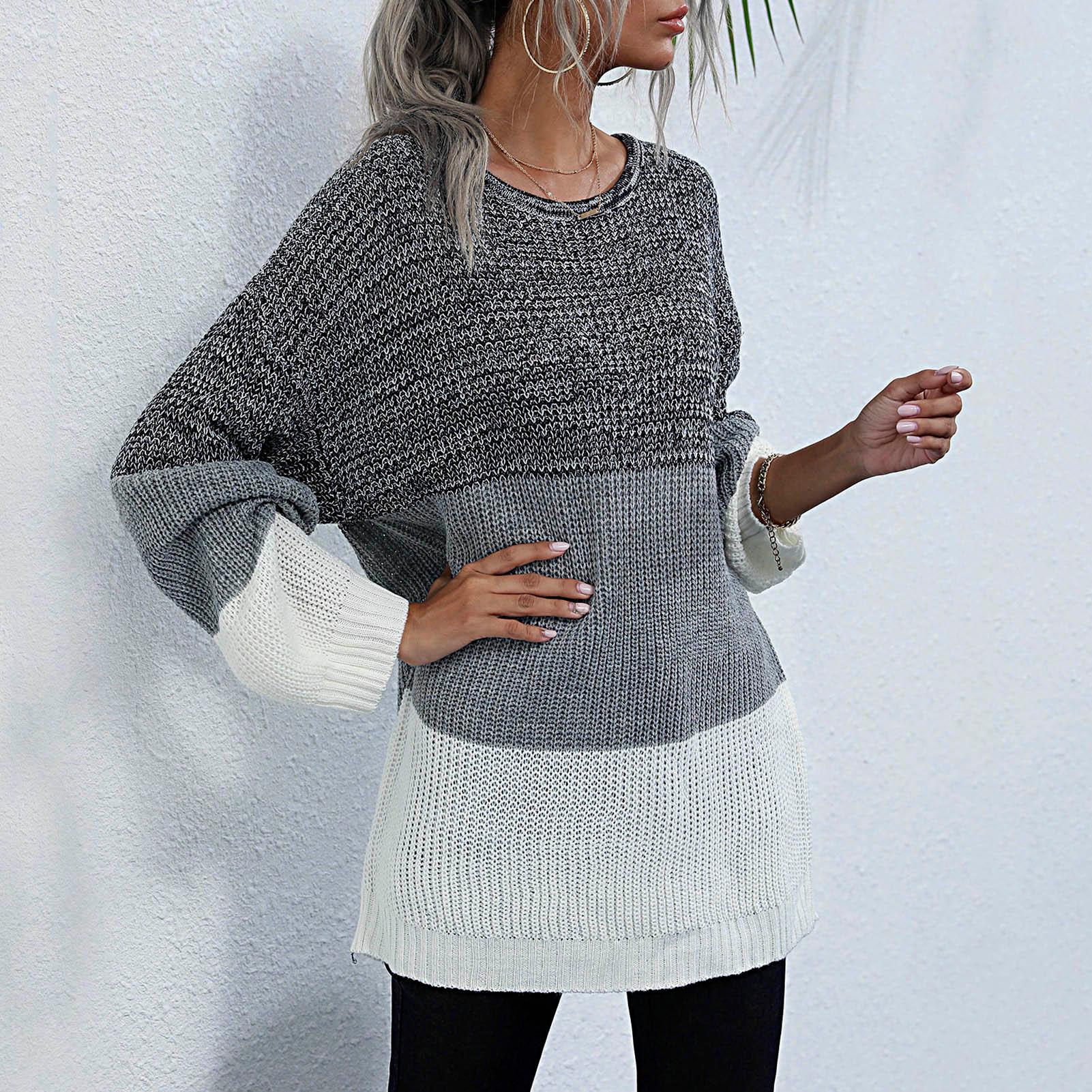 Women Knitted Sweater Splicing O Neck Long Sleeve Soft Autumn Winter Loose Pullovers Tunics Casual Jumper
