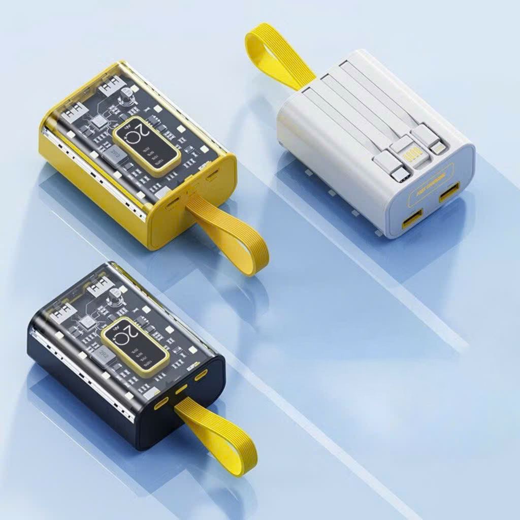 Sạc Dự Phòng 20000mAh Dung Lượng Pin Lớn Vỏ Trong Suốt Tích Hợp Dây Sạc Nhanh Cho Nhiều Thiết Bị có đèn báo, phát sáng - HÀNG CHÍNH HÃNG