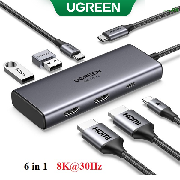 Hub USB-C 6 in 1 Ugreen 15852 CM948 2* HDMI + 2* USB 3.0, 1* USB-C Data 5Gbps, Hỗ Trợ 8K30Hz 4K60Hz, PD100W hàng chính hãng