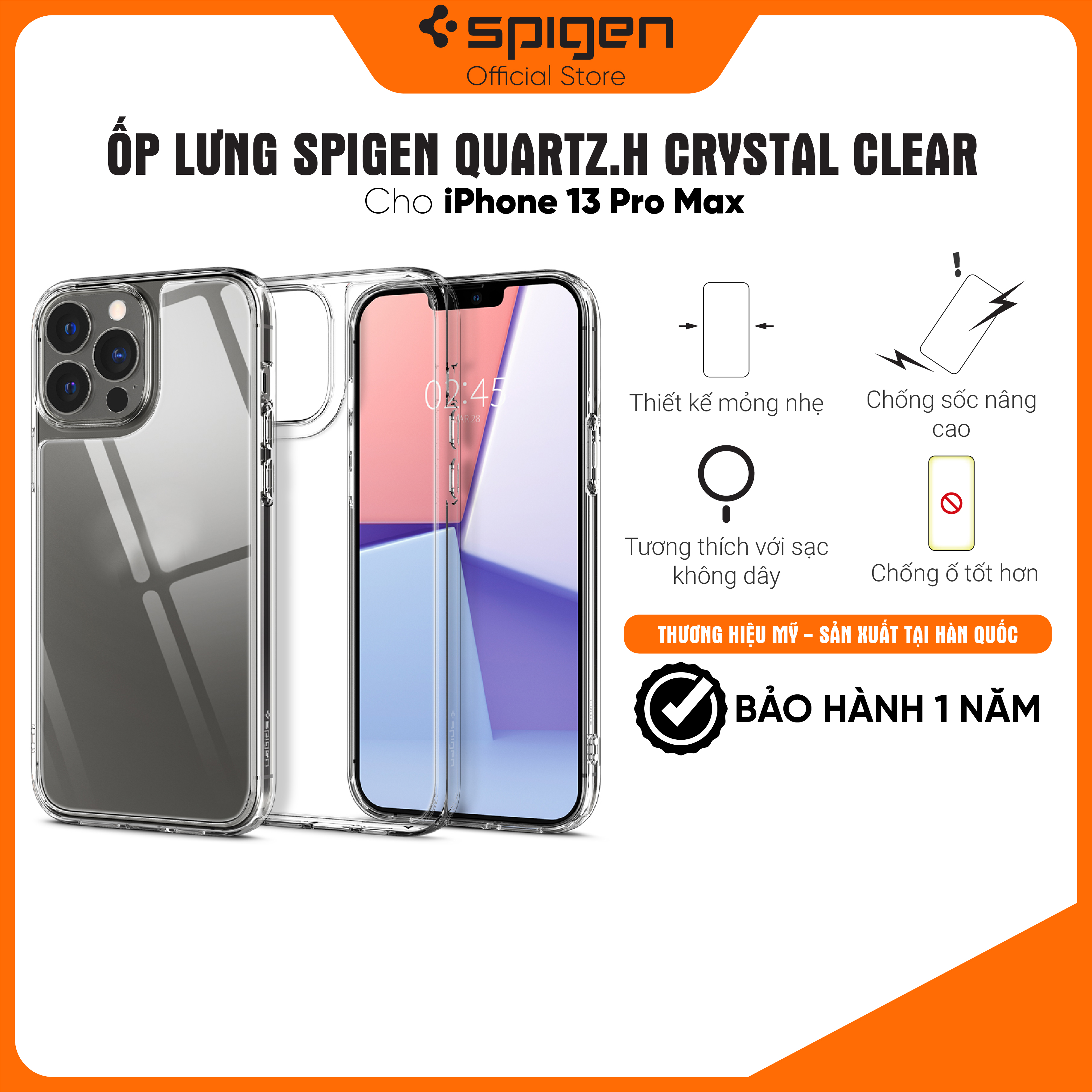 Ốp lưng Spigen Quartz.H Crystal Clear cho iPhone 13 Promax - Thiết kế trong suốt, chống sốc, chống ố, viền camera cao - Hàng chính hãng