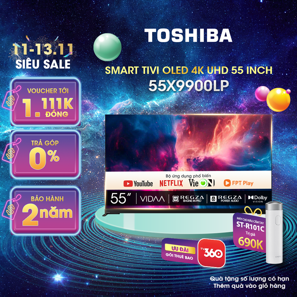 Vidaa Tivi TOSHIBA 55 inch 55X9900LP, Smart TV Màn Hình OLED 4K UHD - Loa 113W - Tần Số Quét 120Hz - Hàng Chính Hãng