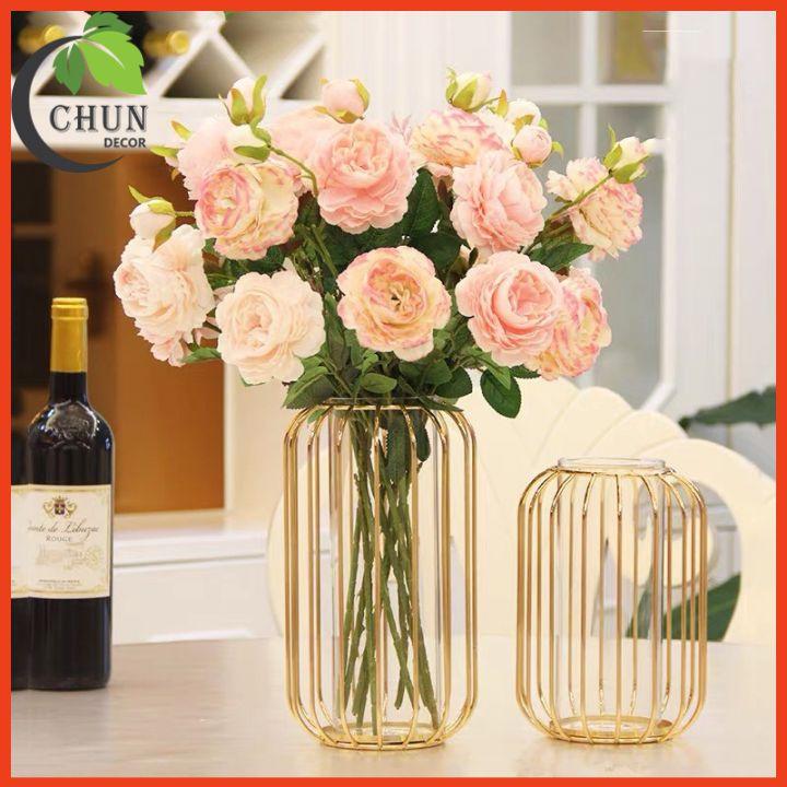 Bình Hoa Giả Trang Trí Phòng Khách Bình Hoa Decor Cắm Sẵn Hoa Khung Kim Loại Mạ Vàng Sang Trọng