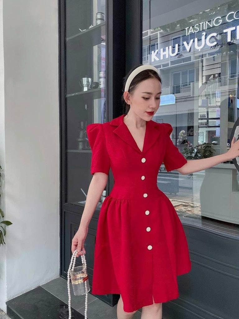 ĐẦM XÒE CỔ VEST PHỐI NÚT TAY PHỒNG 11494