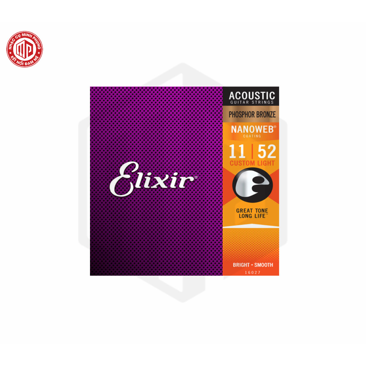 Bộ dây đàn Guitar Acoustic cao cấp/ Acoustic Guitar Strings - Elixir 16027, Bright, Smooth - Phosphor Bronze, Nanoweb Coating, Custom Light 11-52 - Hàng chính hãng