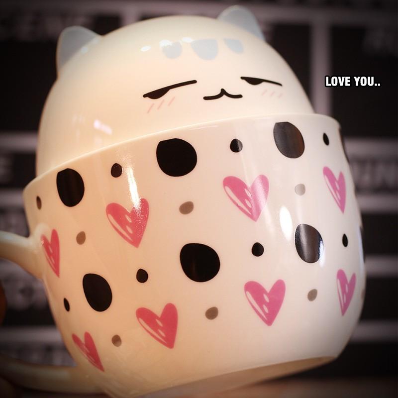 Ly Uống Nước Dễ Thương Hình Chú Mèo Có Tai Cute - Cốc Sứ 2 Công Dụng Có Nắp Và Thìa 400ml