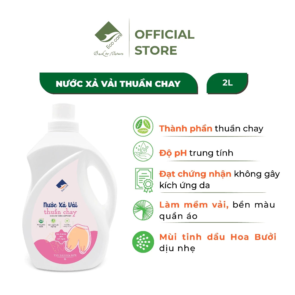 Nước Xả Vải Thuần Chay Hữu Cơ ECOCARE 2L - Hương hoa bưởi, PH cân bằng,  an toàn cho trẻ nhỏ