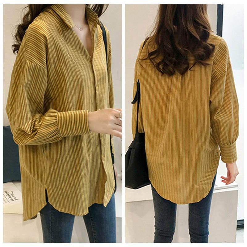 Áo sơ mi tay dài cổ bẻ dáng rộng họa tiết kẻ sọc size lớn trẻ trung thời trang
