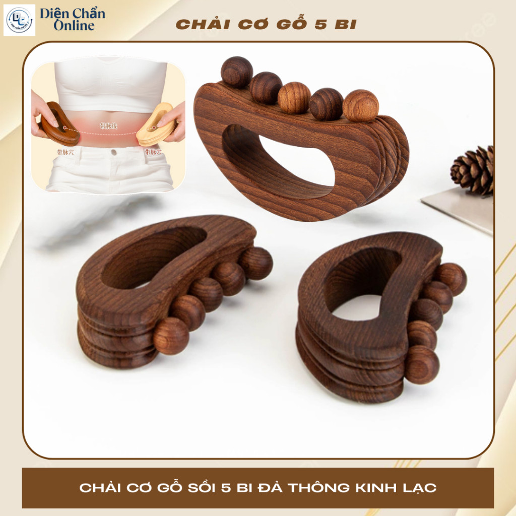 Dụng Cụ Massage Huyệt Đạo 5 Hạt Bi Bằng Gỗ Tay Cầm Chữ D Dài 13Cm