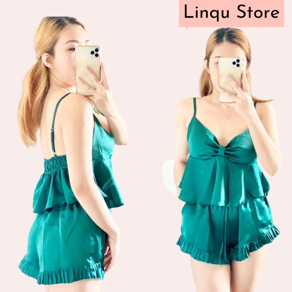 Đồ Ngủ Lụa Sexy 2 Dây Gợi Cảm Nhún Nơ Chất Lụa Satin Freesize