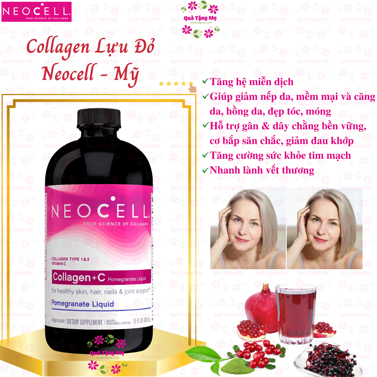 Collagen +C nước lựu Mỹ Neocell tạo sức khỏe và vẻ đẹp từ bên trong cho da, tóc, móng, xương khớp, tim mạch và tăng hệ miễn dịch - QuaTangMe Extaste