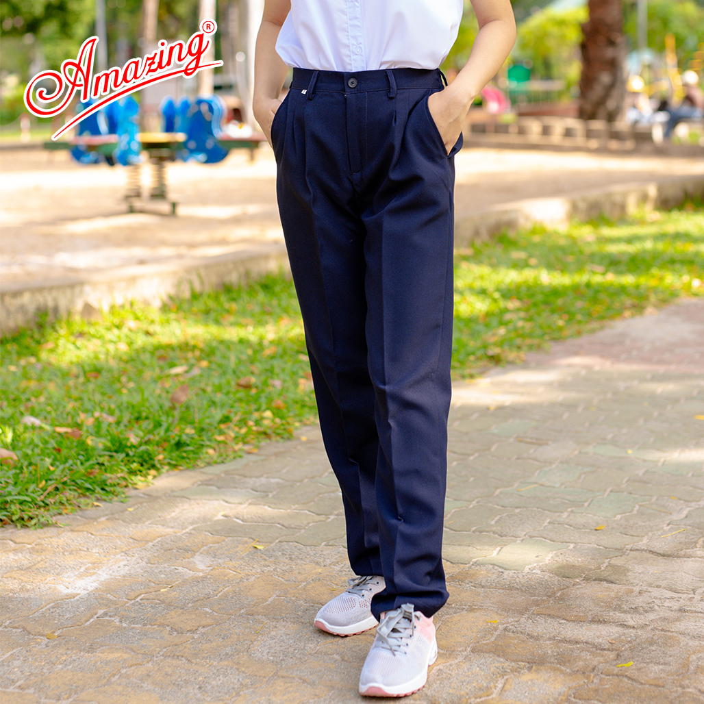 Quần xanh học sinh lưng thun, dây kéo trước, xếp mỗi bên 2 ly, dáng Baggy, size từ 15-110kg, Amazing