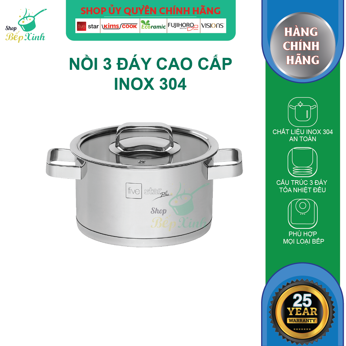 Nồi Inox 304 3 Đáy Nắp Kính Fivestar – Bạc 20cm