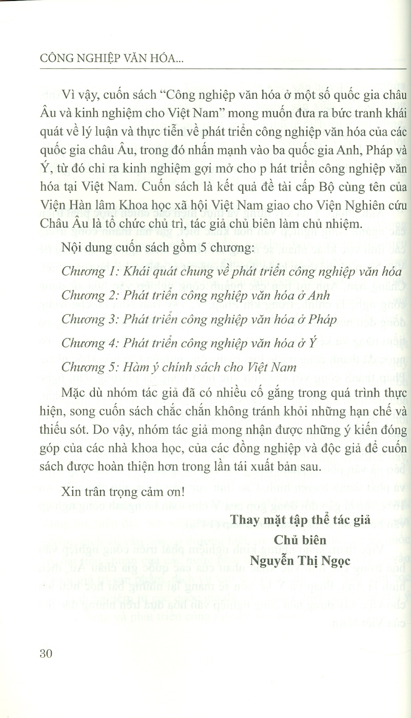 Công Nghiệp Văn Hóa Một Số Nước Châu Âu Và Kinh Nghiệm Cho Việt Nam (Sách chuyên khảo) - Viện Hàn lâm Khoa học Xã hội Việt Nam - Viện nghiên cứu Châu Âu - Nguyễn Thị Ngọc chủ biên