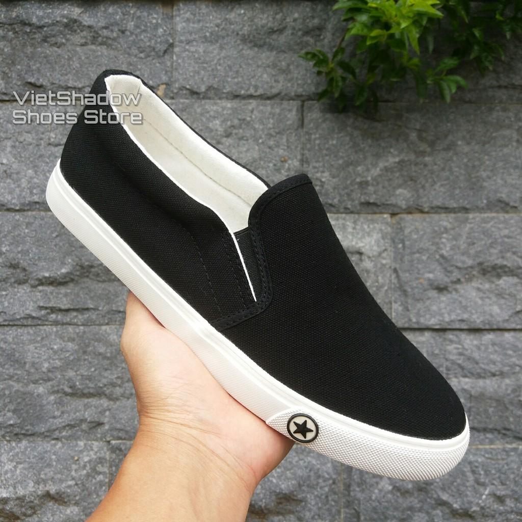 Slip on nữ - Giày lười vải &quot;Little Star&quot; - Vải thô màu trắng full và đen đế trắng - Mã SP B128