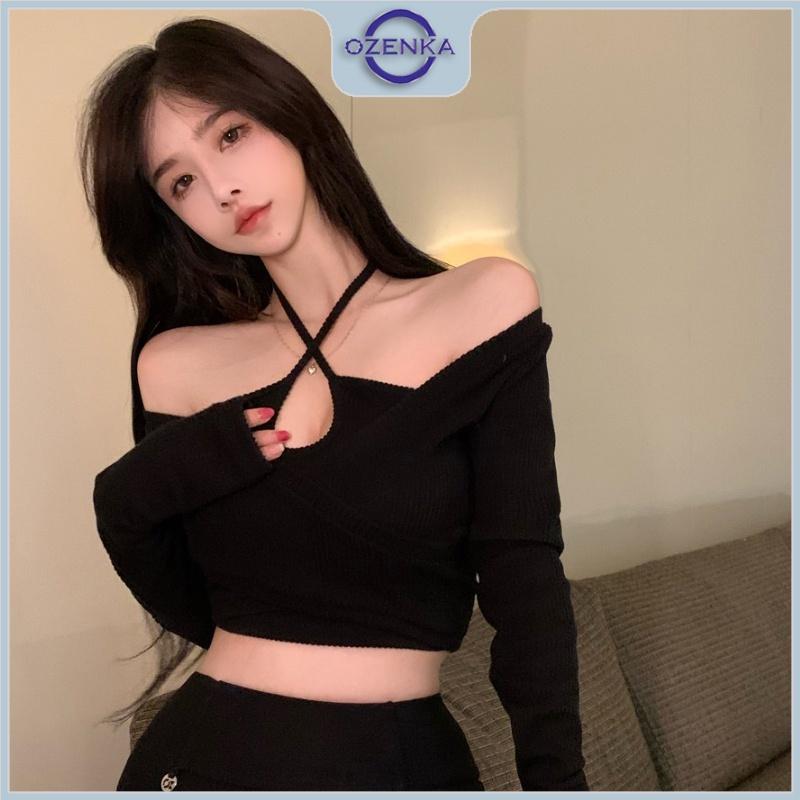 Áo croptop trễ vai tay dài ôm nữ 2 lớp Ozenka , áo crt cổ yếm buộc dây sau gáy màu đen trắng chất gân cotton mềm mịn mát