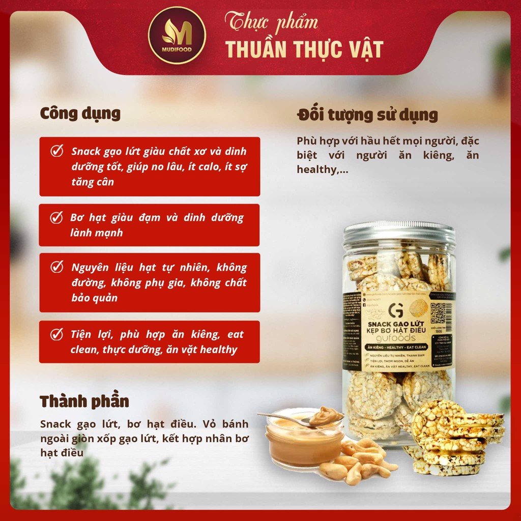 Snack Gạo Lứt Kẹp Bơ Hạt GUfoods (Bơ Điều) 150g - Ăn Kiêng, Ăn Vặt Healthy, Lành Mạnh, Eat Clean, Thực Dưỡng