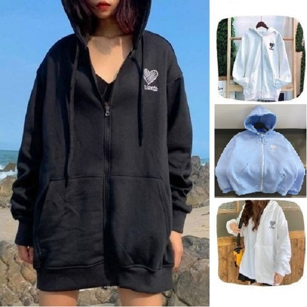Áo khoác hoodie chống nắng dành cho nam nữ Thêu Trái Tim, Nỉ ngoại form rộng Có Dây Kéo unisex ulzzang